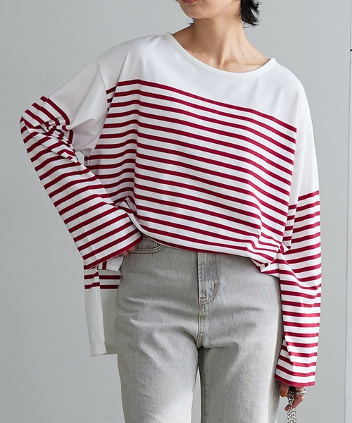 KOBE LETTUCE（コウベレタス）の「パネルボーダービッグロンT（Tシャツ/カットソー・レディース・ホワイト×グリーン/ホワイト×ブルー/ホワイト×ブラック/ホワイト×ピンク・FREE）」の14枚目の写真