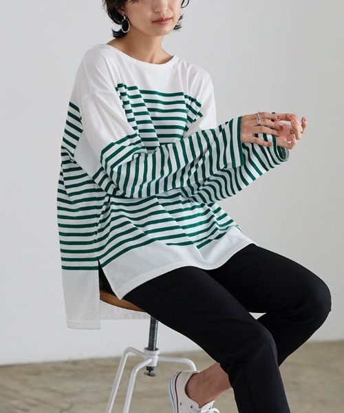 KOBE LETTUCE（コウベレタス）の「パネルボーダービッグロンT（Tシャツ/カットソー・レディース・ホワイト×グリーン/ホワイト×ブルー/ホワイト×ブラック/ホワイト×ピンク・FREE）」の19枚目の写真