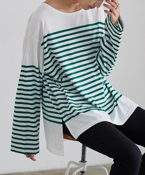 KOBE LETTUCE（コウベレタス）の「パネルボーダービッグロンT（Tシャツ/カットソー・レディース・ホワイト×グリーン/ホワイト×ブルー/ホワイト×ブラック/ホワイト×ピンク・FREE）」の9枚目の写真