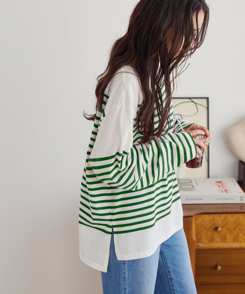 KOBE LETTUCE（コウベレタス）の「パネルボーダービッグロンT（Tシャツ/カットソー・レディース・ホワイト×グリーン/ホワイト×ブルー/ホワイト×ブラック/ホワイト×ピンク・FREE）」の6枚目の写真