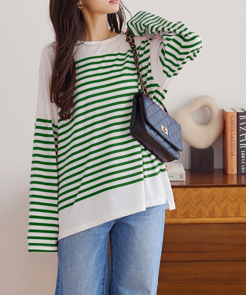 KOBE LETTUCE（コウベレタス）の「パネルボーダービッグロンT（Tシャツ/カットソー・レディース・ホワイト×グリーン/ホワイト×ブルー/ホワイト×ブラック/ホワイト×ピンク・FREE）」の7枚目の写真