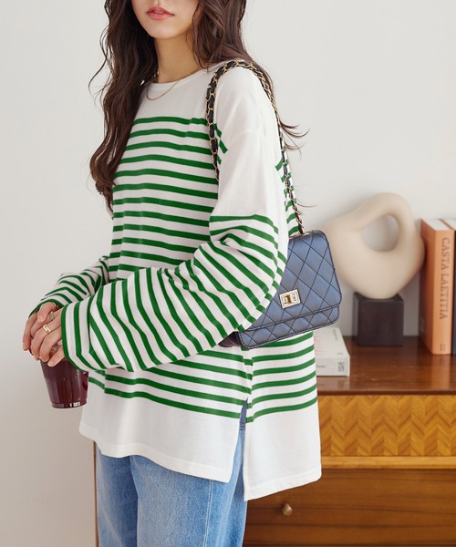 KOBE LETTUCE（コウベレタス）の「パネルボーダービッグロンT（Tシャツ/カットソー・レディース・ホワイト×グリーン/ホワイト×ブルー/ホワイト×ブラック/ホワイト×ピンク・FREE）」の8枚目の写真