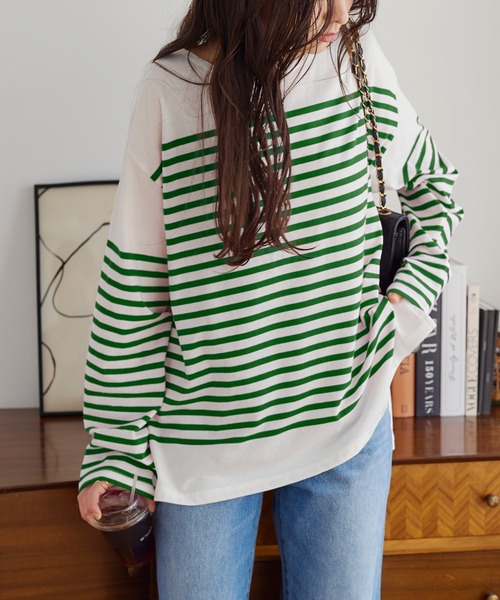 KOBE LETTUCE（コウベレタス）の「パネルボーダービッグロンT（Tシャツ/カットソー・レディース・ホワイト×グリーン/ホワイト×ブルー/ホワイト×ブラック/ホワイト×ピンク・FREE）」の5枚目の写真