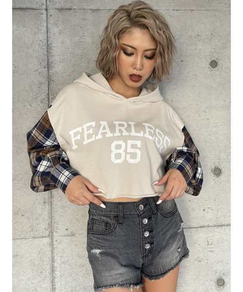 EGOIST（エゴイスト）の「チェックシャツドッキングスウェットトップス（パーカー・レディース・ネイビー/アイボリー・FREE）」の2枚目の写真