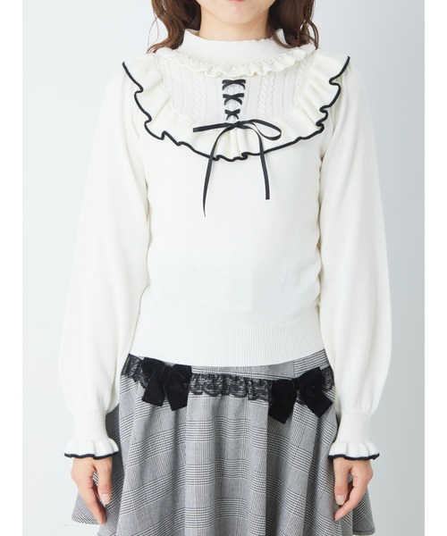 Ank Rouge(アンクルージュ)の「ヨークフリルスピンドルニット(ニット/セーター・レディース・オフホワイト/ブラック/ピンク・M)」の9枚目の写真