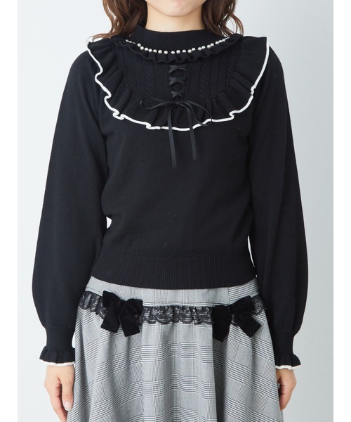 Ank Rouge(アンクルージュ)の「ヨークフリルスピンドルニット(ニット/セーター・レディース・オフホワイト/ブラック/ピンク・M)」の10枚目の写真