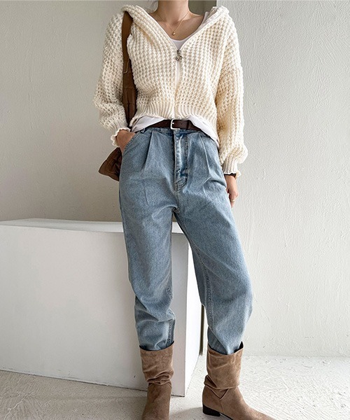 NANING9（ナンニング）の「NANING9 クロップドニットジップアップパーカー（ニット/セーター・レディース・スカイブルー/アイボリー/ピンク・FREE）」の5枚目の写真