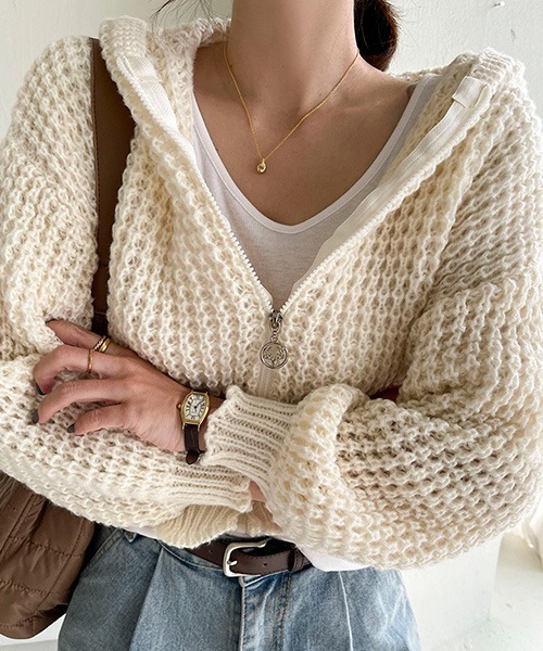 NANING9（ナンニング）の「NANING9 クロップドニットジップアップパーカー（ニット/セーター・レディース・スカイブルー/アイボリー/ピンク・FREE）」の12枚目の写真