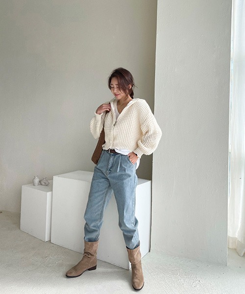 NANING9（ナンニング）の「NANING9 クロップドニットジップアップパーカー（ニット/セーター・レディース・スカイブルー/アイボリー/ピンク・FREE）」の4枚目の写真