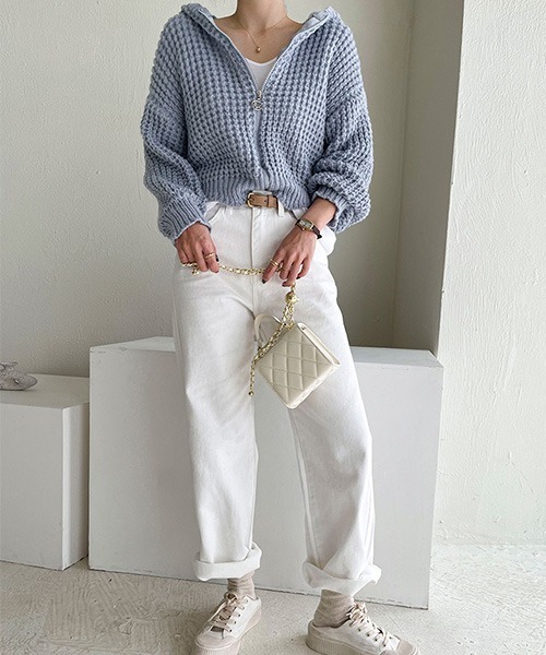 NANING9（ナンニング）の「NANING9 クロップドニットジップアップパーカー（ニット/セーター・レディース・スカイブルー/アイボリー/ピンク・FREE）」の15枚目の写真