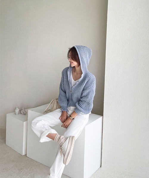 NANING9（ナンニング）の「NANING9 クロップドニットジップアップパーカー（ニット/セーター・レディース・スカイブルー/アイボリー/ピンク・FREE）」の16枚目の写真