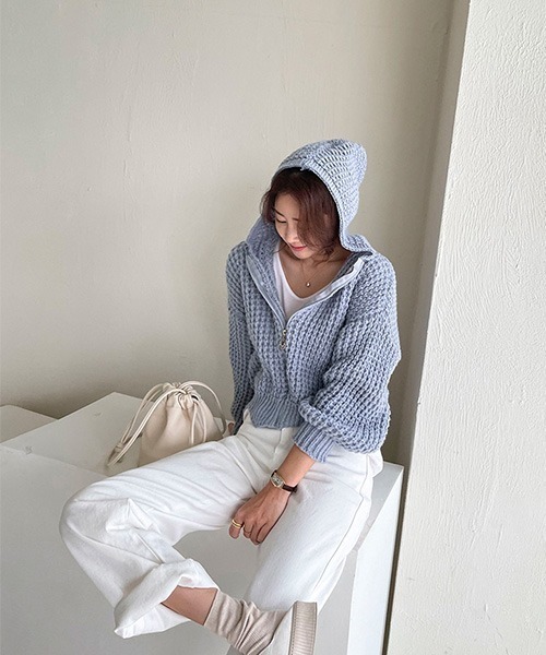 NANING9（ナンニング）の「NANING9 クロップドニットジップアップパーカー（ニット/セーター・レディース・スカイブルー/アイボリー/ピンク・FREE）」の18枚目の写真