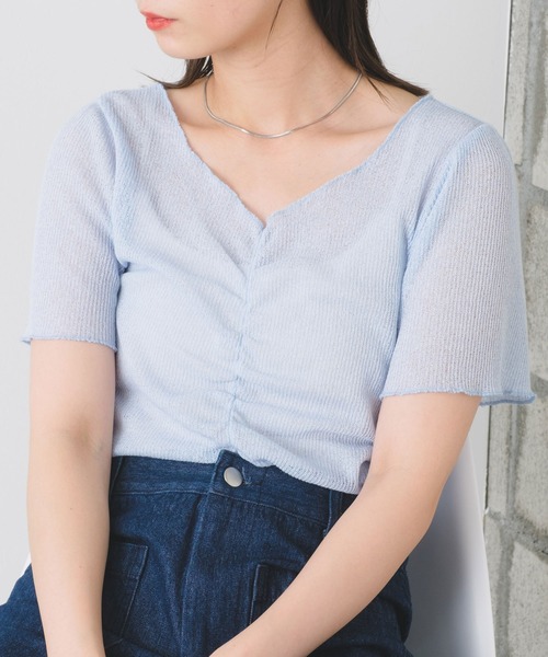 Kastane（カスタネ）の「シャーリング半袖Tee（Tシャツ/カットソー・レディース・ピンク/オレンジ/アイボリー/サックスブルー・FREE）」の2枚目の写真