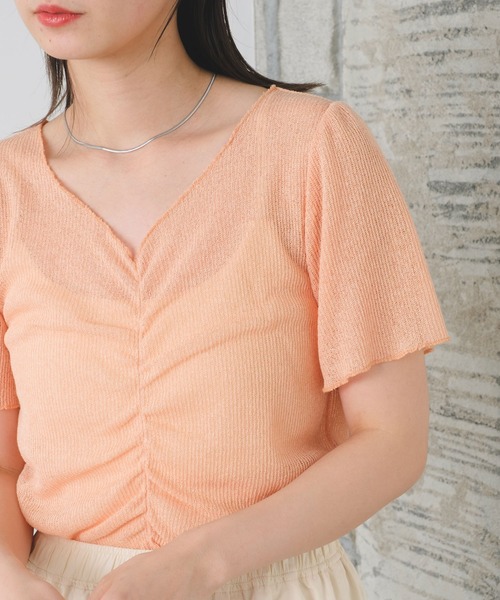 Kastane（カスタネ）の「シャーリング半袖Tee（Tシャツ/カットソー・レディース・ピンク/オレンジ/アイボリー/サックスブルー・FREE）」の4枚目の写真