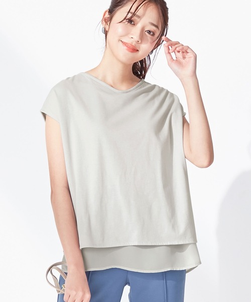 alotta(アロッタ)の「シフォンレイヤードデザインTシャツ(Tシャツ/カットソー・レディース・グレイッシュベージュ/ネイビー/ライトグレー・M/LL/L/3L/4L)」の2枚目の写真