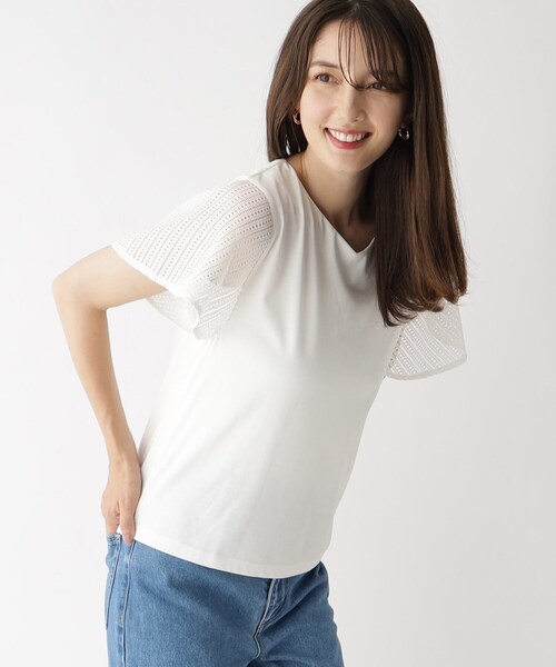 index（インデックス）の「◆レースフレアスリーブトップス【洗濯機洗い可】（Tシャツ/カットソー・レディース・ネイビー/ライトベージュ/ダークオレンジ/ホワイト系・38/42/40/36）」の2枚目の写真