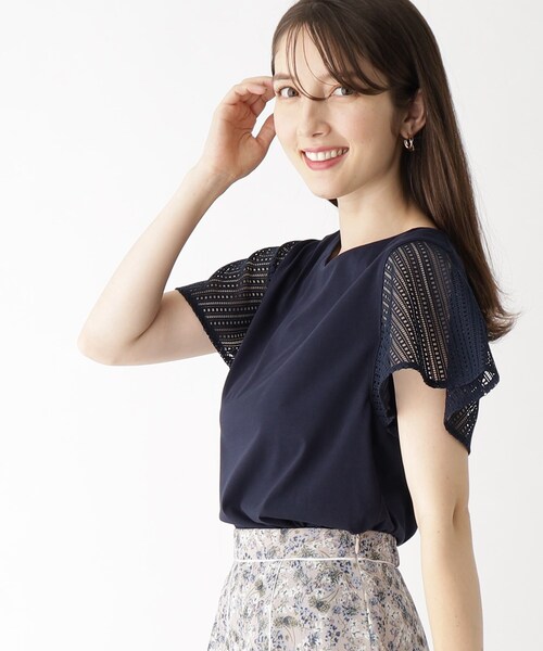 index（インデックス）の「◆レースフレアスリーブトップス【洗濯機洗い可】（Tシャツ/カットソー・レディース・ネイビー/ライトベージュ/ダークオレンジ/ホワイト系・38/42/40/36）」の3枚目の写真
