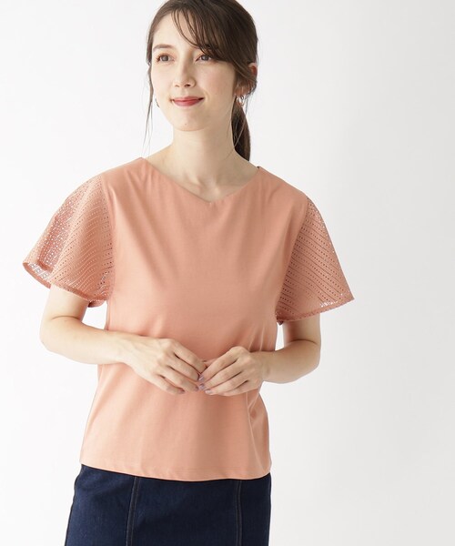 index（インデックス）の「◆レースフレアスリーブトップス【洗濯機洗い可】（Tシャツ/カットソー・レディース・ネイビー/ライトベージュ/ダークオレンジ/ホワイト系・38/42/40/36）」の4枚目の写真