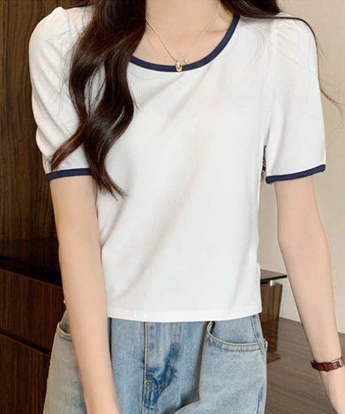 Dewlily(デューリリー)の「バイカラーTシャツ(Tシャツ/カットソー・レディース・ブラック/ベージュ/グリーン/ホワイト・M/L)」の6枚目の写真