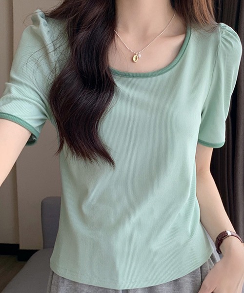 Dewlily(デューリリー)の「バイカラーTシャツ(Tシャツ/カットソー・レディース・ブラック/ベージュ/グリーン/ホワイト・M/L)」の7枚目の写真