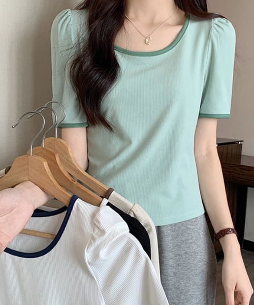 Dewlily(デューリリー)の「バイカラーTシャツ(Tシャツ/カットソー・レディース・ブラック/ベージュ/グリーン/ホワイト・M/L)」の18枚目の写真