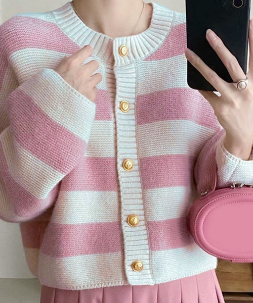 Amulet(アミュレット)の「クルーネックボーダーカーディガン(カーディガン/ボレロ・レディース・ブラック/ピンク/レッド・FREE)」の7枚目の写真