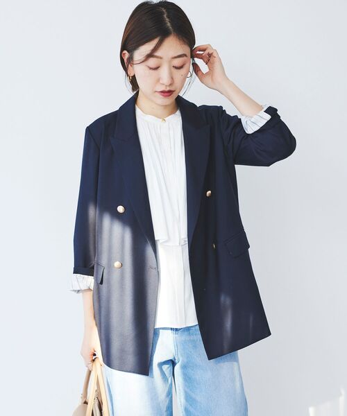 le.coeur blanc（ルクールブラン）の「ケープギャザーブラウス（シャツ/ブラウス・レディース・ネイビー/オフホワイト・38）」の5枚目の写真