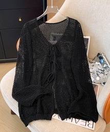 ラメ入りメッシュニットリボンカーディガン