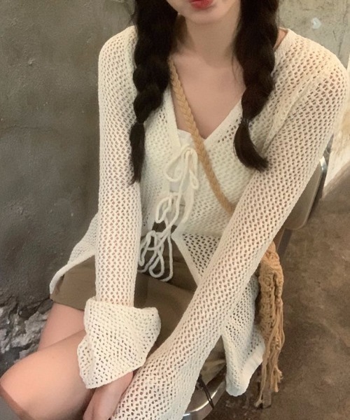 Sibra(シブラ)の「ラメ入りメッシュニットリボンカーディガン(カーディガン/ボレロ・レディース・アイボリー/ホワイト/ブラック・M)」の6枚目の写真