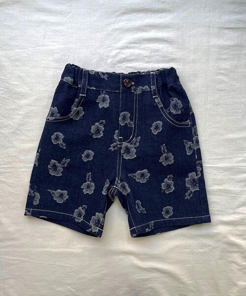 セール】フラワージャガード / 花柄(ハイビスカス) デニムハーフパンツ