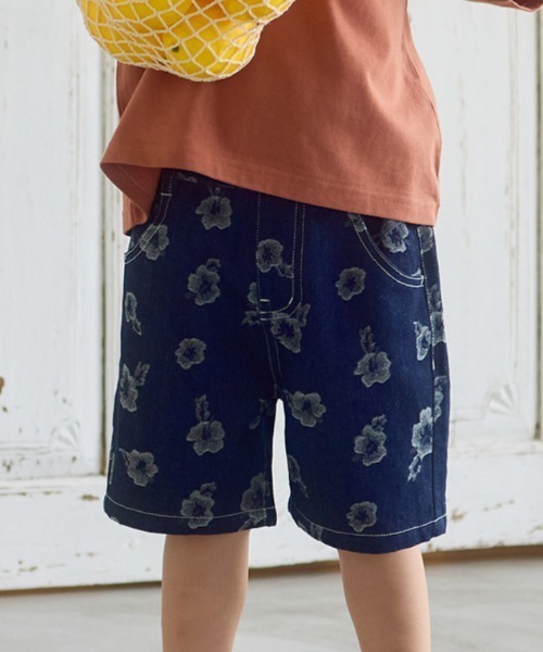 セール】フラワージャガード / 花柄(ハイビスカス) デニムハーフパンツ