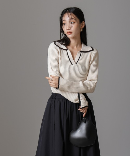 NANO universe（ナノユニバース）の「メランジスキッパーバイカラーニットプルオーバー(セットアップ可)（ニット/セーター・レディース・ブラック/カーキ/ベージュ・FREE）」の3枚目の写真