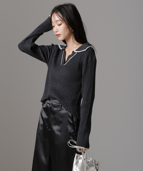 NANO universe（ナノユニバース）の「メランジスキッパーバイカラーニットプルオーバー(セットアップ可)（ニット/セーター・レディース・ブラック/カーキ/ベージュ・FREE）」の4枚目の写真