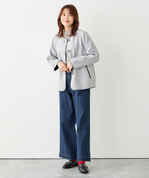 Petit Honfleur(プチオンフルール)の「フェイクウールジャケット(ノーカラージャケット・レディース・グレー/ブラウン・11号/9号)」の16枚目の写真