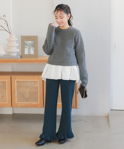 低身長向けサイズ ] 裾フリルセンターシームリブニットパンツ