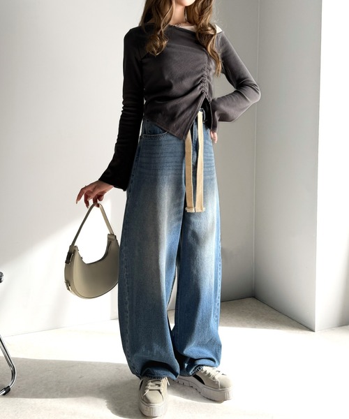 シニカル　とろみデニム　調整可能ドローストリング D.HYGEN - Bum Flap Damaged Denim Drop Crotch Slim Pants
