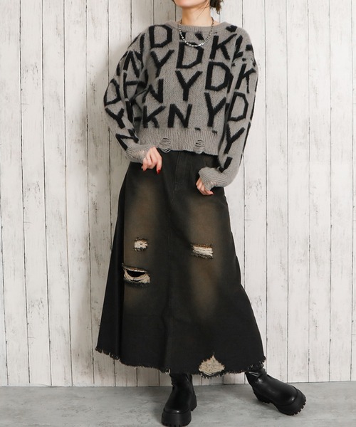 ☆ブラック デニム × レオパード MIX アシメ ダメージ スカート