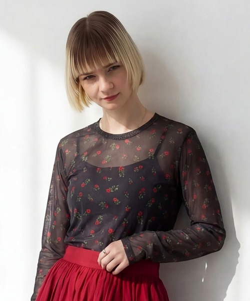 MAISON BREEZE reveur(メゾンブリーズレヴール)の「【MAISON BREEZE reveur】crew neck printed sheer tops クルーネックプリントシアートップス(Tシャツ/カットソー・レディース・ベージュ系その他2/ブラック/ブラック系その他2/ベージュ・FREE)」の1枚目の写真