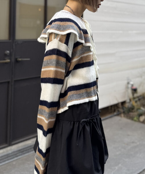 w closet(ダブルクローゼット)の「ボーダーラッフルカーディガン(カーディガン/ボレロ・レディース・サックスブルー/ピンク/アイボリー・FREE)」の7枚目の写真