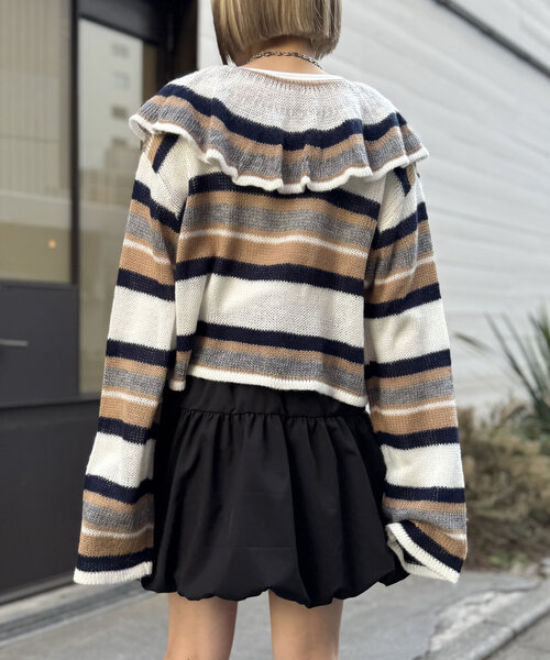 w closet(ダブルクローゼット)の「ボーダーラッフルカーディガン(カーディガン/ボレロ・レディース・サックスブルー/ピンク/アイボリー・FREE)」の8枚目の写真