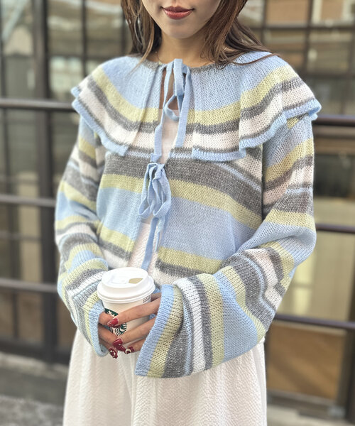 セール】ボーダーラッフルカーディガン（カーディガン/ボレロ）｜w
