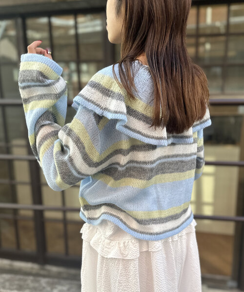 w closet(ダブルクローゼット)の「ボーダーラッフルカーディガン(カーディガン/ボレロ・レディース・サックスブルー/ピンク/アイボリー・FREE)」の17枚目の写真