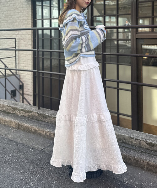 w closet(ダブルクローゼット)の「ボーダーラッフルカーディガン(カーディガン/ボレロ・レディース・サックスブルー/ピンク/アイボリー・FREE)」の21枚目の写真