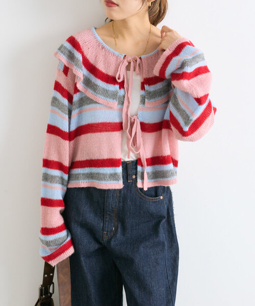 w closet(ダブルクローゼット)の「ボーダーラッフルカーディガン(カーディガン/ボレロ・レディース・サックスブルー/ピンク/アイボリー・FREE)」の22枚目の写真