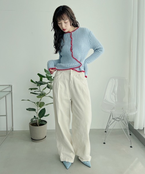 完売商品 bita.配色ステッチニットカーディガン ネイビー