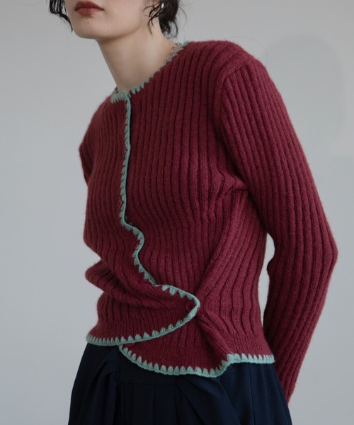 VACANCY（ヴァカンシー）の「配色ステッチニットカーディガン/新色追加（カーディガン/ボレロ・レディース・ブルー/ネイビー/ボルドー/グレー/ブラック/イエロー・FREE）」の13枚目の写真