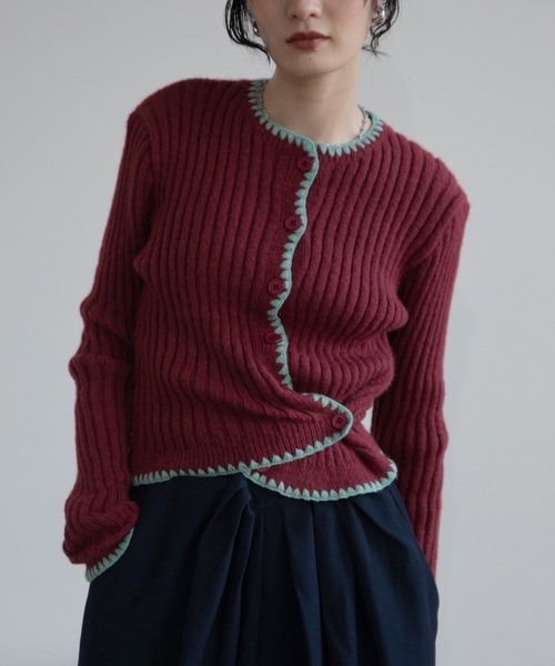 VACANCY（ヴァカンシー）の「配色ステッチニットカーディガン/新色追加（カーディガン/ボレロ・レディース・ブルー/ネイビー/ボルドー/グレー/ブラック/イエロー・FREE）」の14枚目の写真