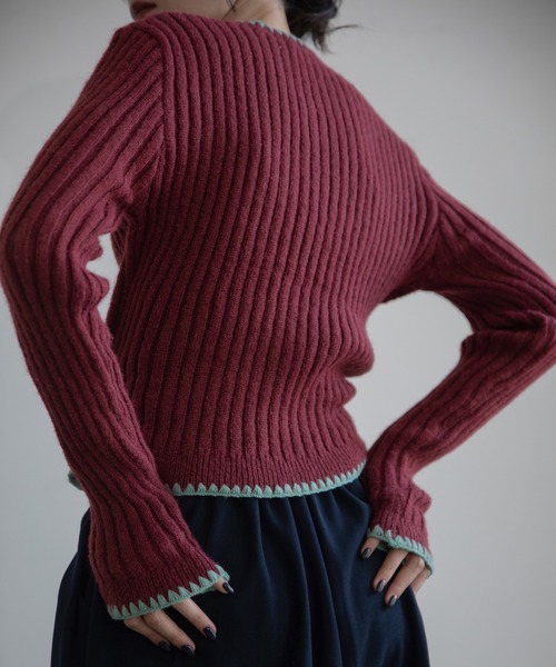 VACANCY（ヴァカンシー）の「配色ステッチニットカーディガン/新色追加（カーディガン/ボレロ・レディース・ブルー/ネイビー/ボルドー/グレー/ブラック/イエロー・FREE）」の12枚目の写真