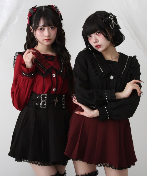 DearMyLove(ディアマイラブ)の「角襟クモレーススタッズブラウス(シャツ/ブラウス・レディース・ブラック×ホワイト/ホワイト/ボルドー/ブラック・MEDIUM/LARGE/LL/3L)」の8枚目の写真