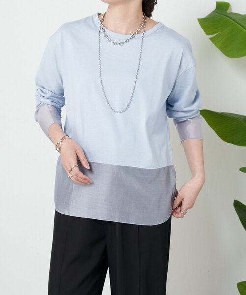 Jena espace merveilleux（ジェナ　エスパスメルヴェイユ）の「【ご好評の為再入荷！】裾袖口切替シアーカットソー（Tシャツ/カットソー・レディース・オフホワイト/ブラック/ベージュ/ブルー系その他・FREE）」の4枚目の写真